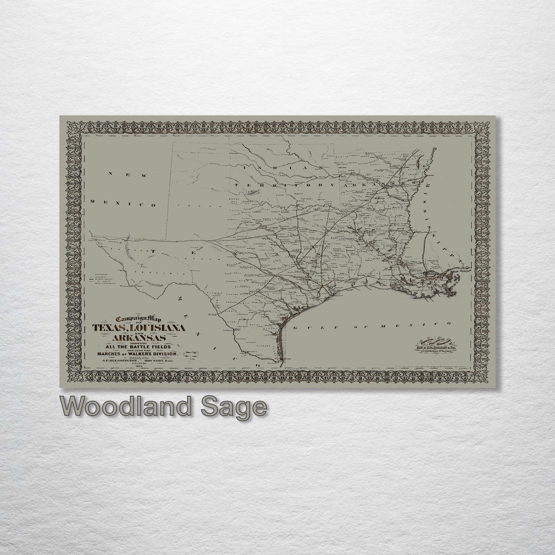 1871 Campaign Map of Texas Louisiana and Arkansas - Fire & Pine