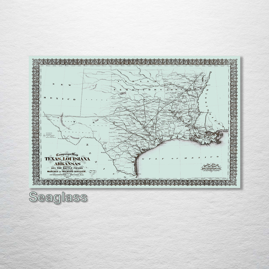 1871 Campaign Map of Texas Louisiana and Arkansas - Fire & Pine